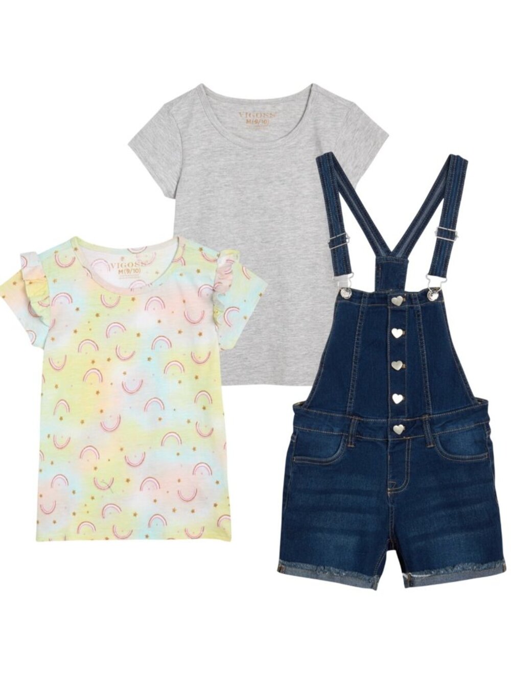 Girls Blue Steel Denim Overall Shorts Set With Two Tops - Gray & Rainbow Print S